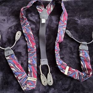 Bill Blass Vintage Multicolor Suspenders Patterned Fabric Leather Ends Germany